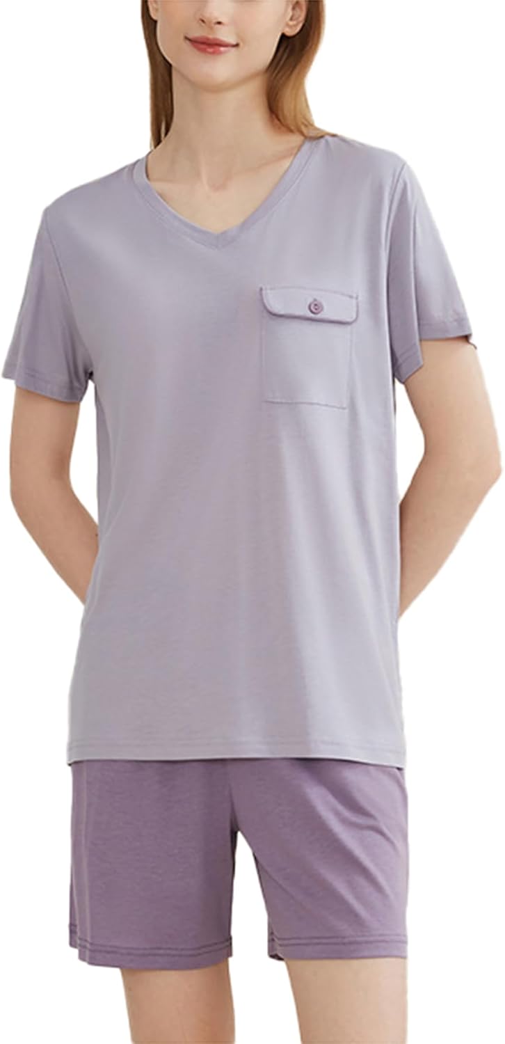 Women's 2-piece pajamas summer modal cotton pajamas with chest pad V-neck short-sleeved shorts home service suit