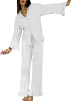 Womens Muslin Pajama Set Cotton Gauze Loungewear 3 Piece Long Sleeve Button Down Sleepwear Ruffle Pj Set