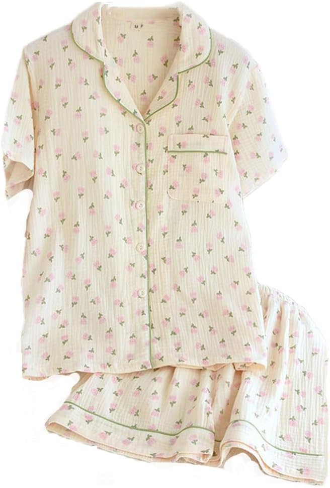 Women's Printing Short-Sleeved Shorts Pajamas Cotton Crepe Home Service Set Simple Soft
