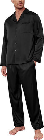 Men's Silk Pajama Set Long Satin Loungewear 2 Piece Pjs Classic Button Down Sleepwear S-XXL