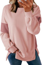 Women's Casual Oversized Sweatshirt Crew Neck Color Block Loose Pullover Tops Side Slit