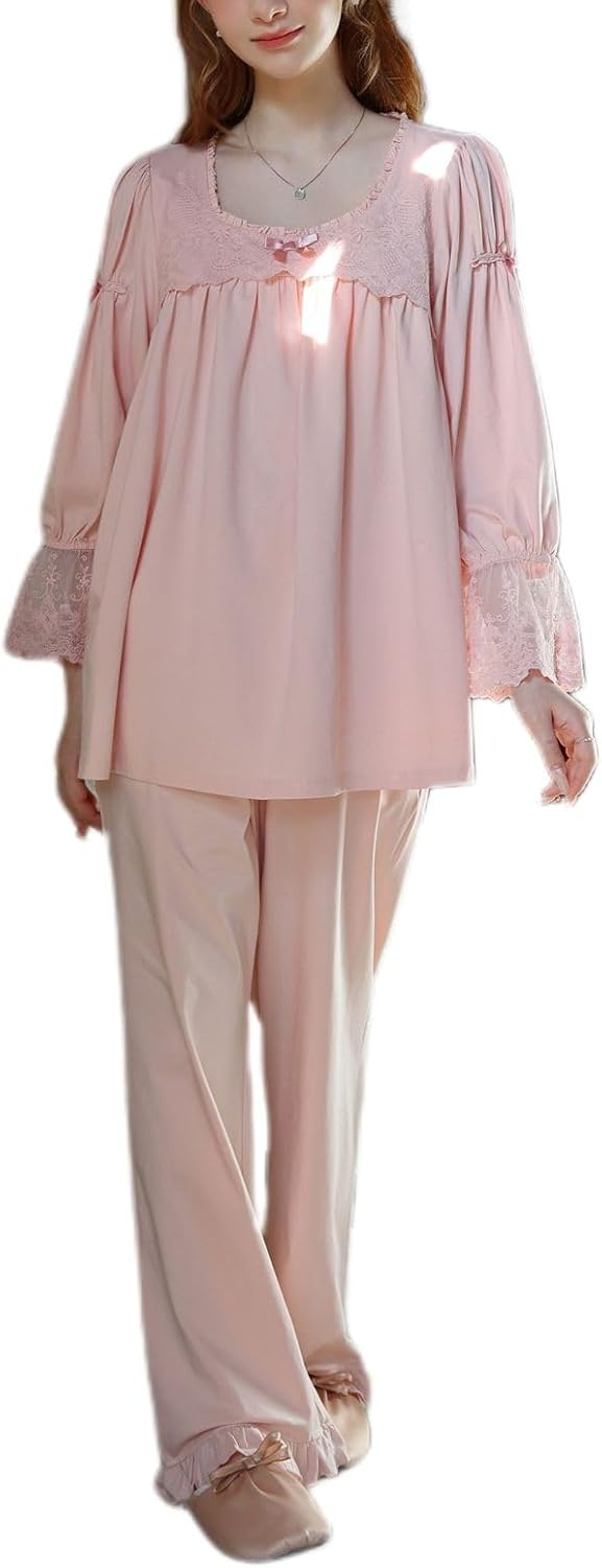 Women's Cotton Pajama Set 2 Piece Vintage Lounge Set Long Sleeve Top Pants Pjs Lace Frill Victorian Sleepwear