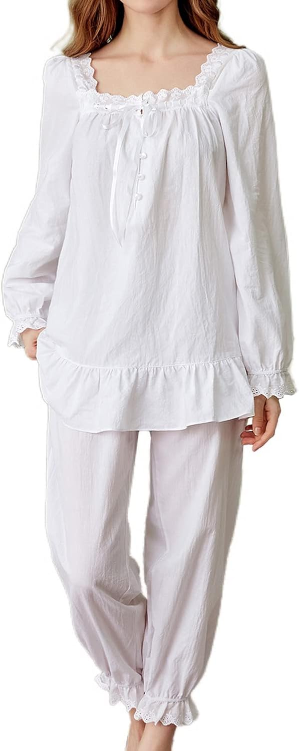 Women's Cotton Pajama Set 2 Piece Vintage Lounge Set Long Sleeve Top Pants Pjs Lace Frill Victorian Sleepwear