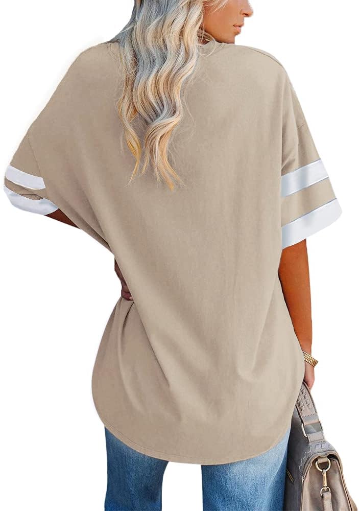Womens Oversized Tees Loose T Shirts Half Sleeve Crew Neck Color Block Cotton Tunic Tops