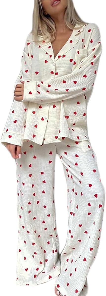 Womens Pajama Sets Cotton Pj Set Cute Heart Print Long Sleeve Button Down Shirt With Long Pants