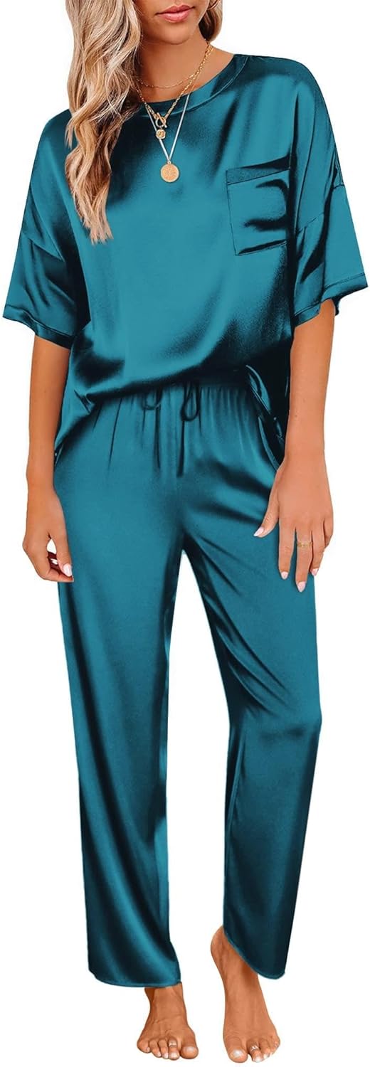 Women Satin Silky Pajama Set Short Sleeve Shirt with Long Pajama Pant Set Soft PJ Loungewear