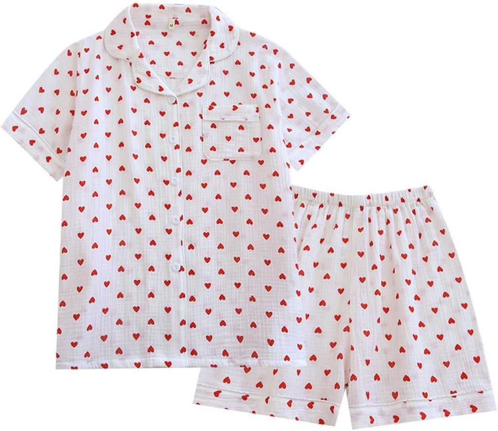 Womens Cute Pajama Set Short Sleeve Button Up Shirt and Shorts 2 Piece Cotton Pj Sets