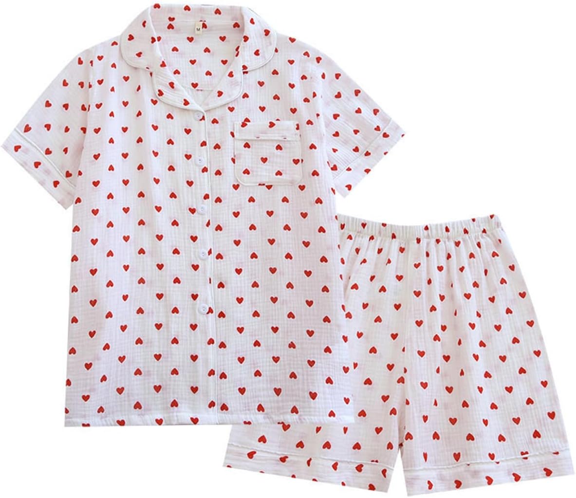 Womens Cute Pajama Set Short Sleeve Button Up Shirt and Shorts 2 Piece Cotton Pj Sets