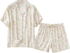 Women's Small Leaf Print Cardigan Short-Sleeved Sleep Tops Shorts Sleepwear Cotton Pajama Set
