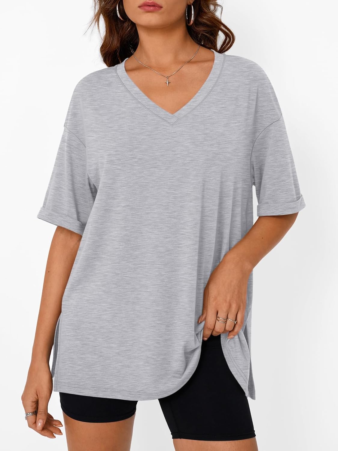 Trendy Queen Oversized Tshirts for Women Workout Plus Size Tops V Neck Short Sleeve Gym Shirts Casual Loose Fit Basic Tees