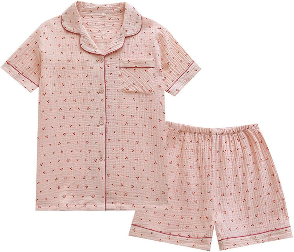 Womens Cute Pajama Set Short Sleeve Button Up Shirt and Shorts 2 Piece Cotton Pj Sets