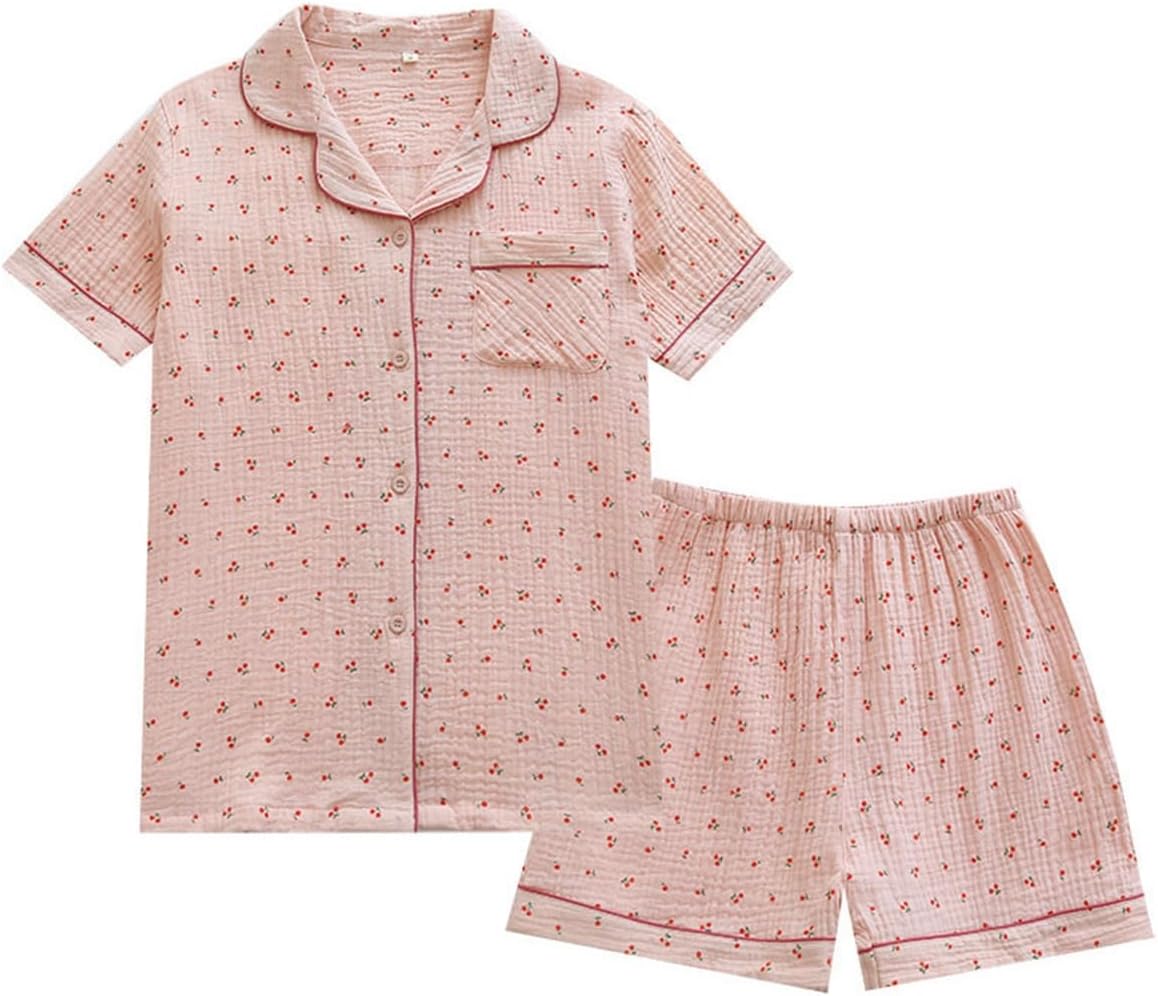 Womens Cute Pajama Set Short Sleeve Button Up Shirt and Shorts 2 Piece Cotton Pj Sets