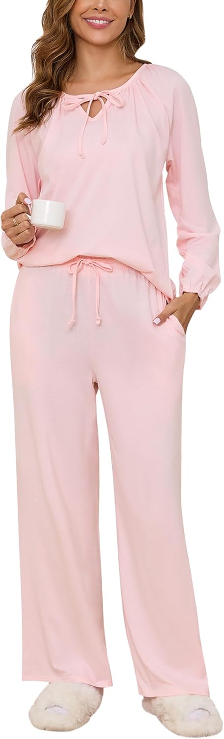Women Cotton Pajama Set Long Sleeve Sleepwears 2 Pieces Pjs Lounge Set with Pockets