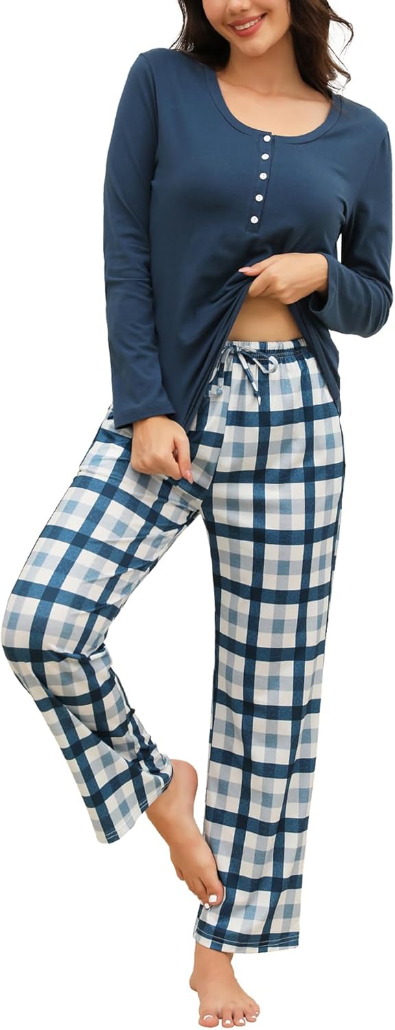 Womens Pajamas Sets Long Sleeve Cotton Top and Plaid Pants with Pockets Soft Sleepwear 2 Piece Pjs Lounge Set