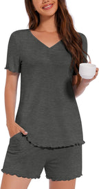 Womens Summer Comfy V-neck Sleepwear Pjs Casual Two Piece Pajama Set With Pockets