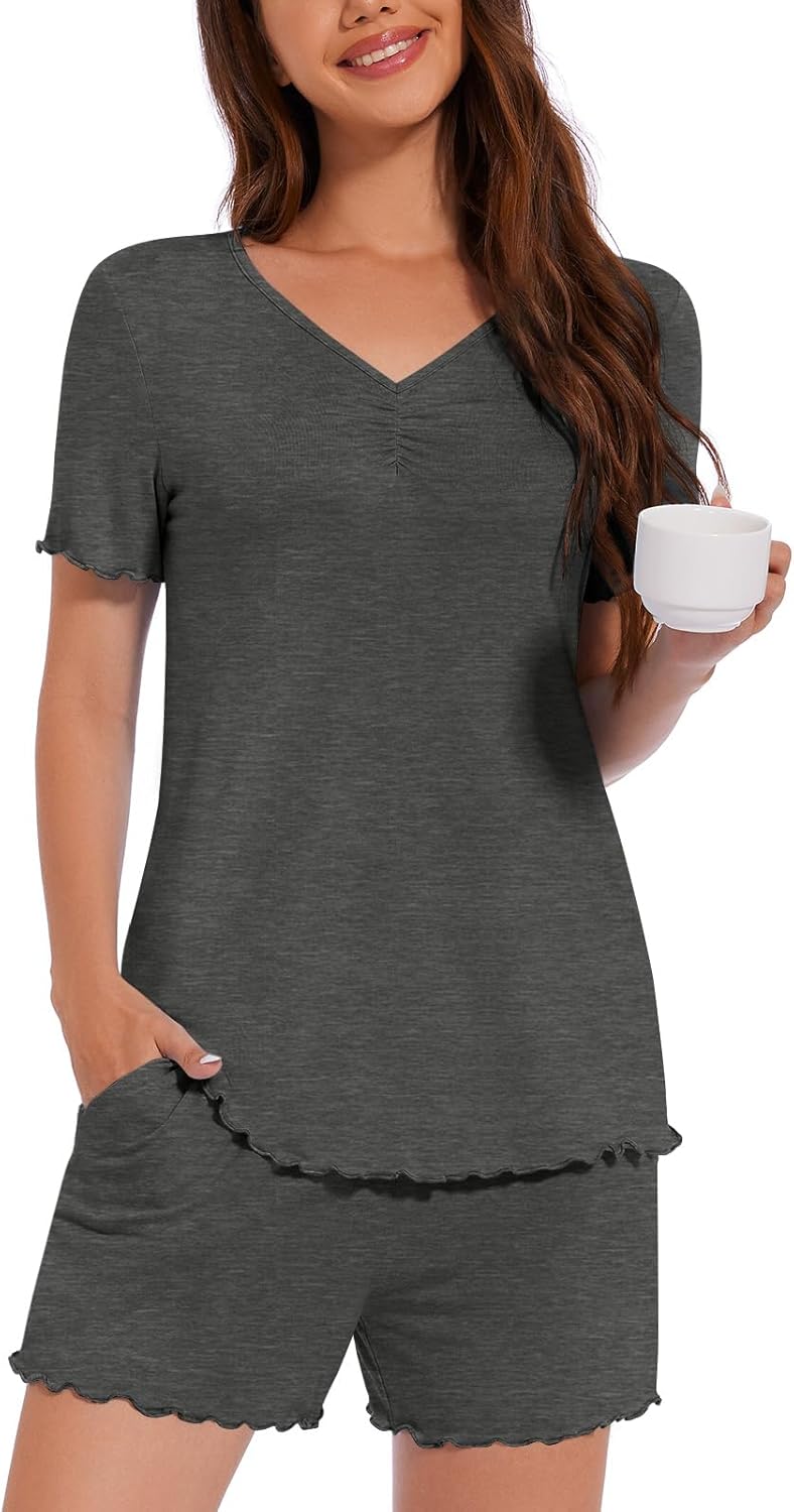 Womens Summer Comfy V-neck Sleepwear Pjs Casual Two Piece Pajama Set With Pockets