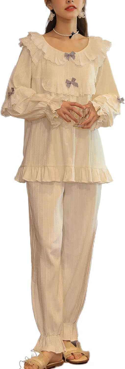 Women's Cotton Pajama Set 2 Piece Vintage Lounge Set Long Sleeve Top Pants Pjs Lace Frill Victorian Sleepwear