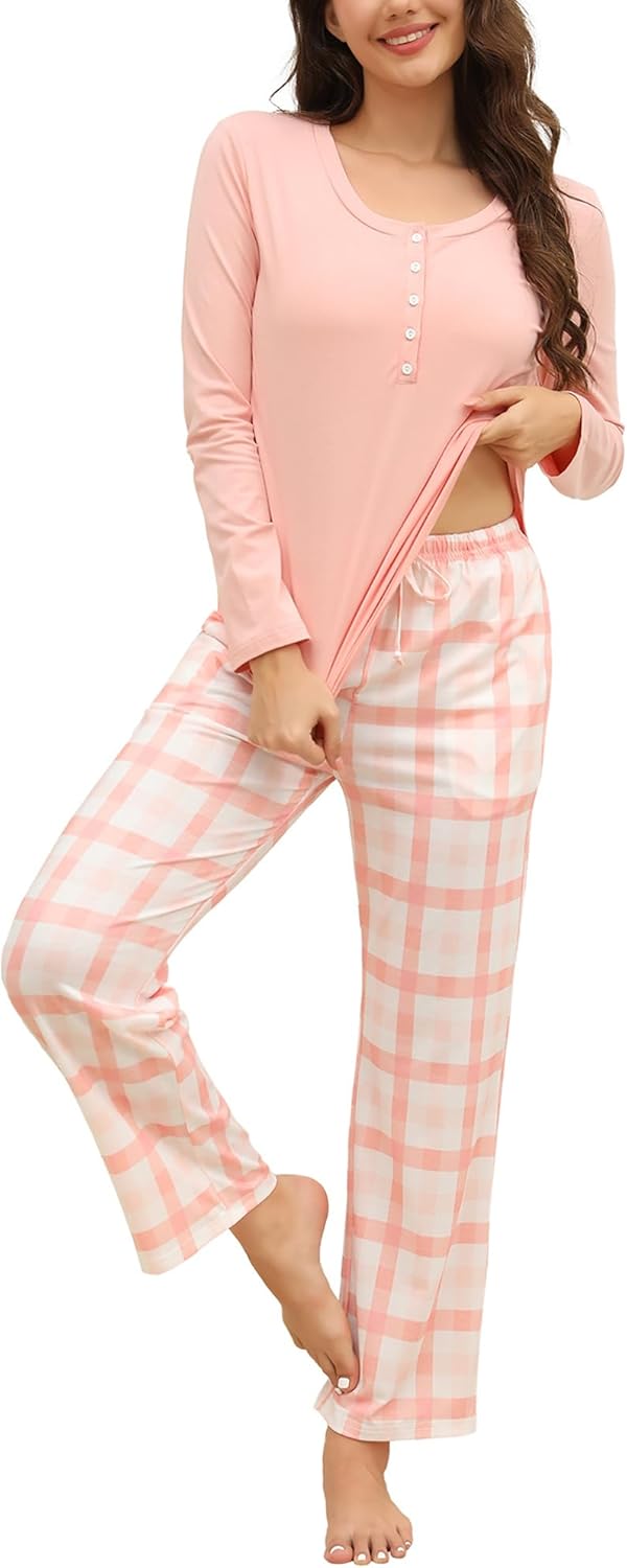 Womens Pajamas Sets Long Sleeve Cotton Top and Plaid Pants with Pockets Soft Sleepwear 2 Piece Pjs Lounge Set