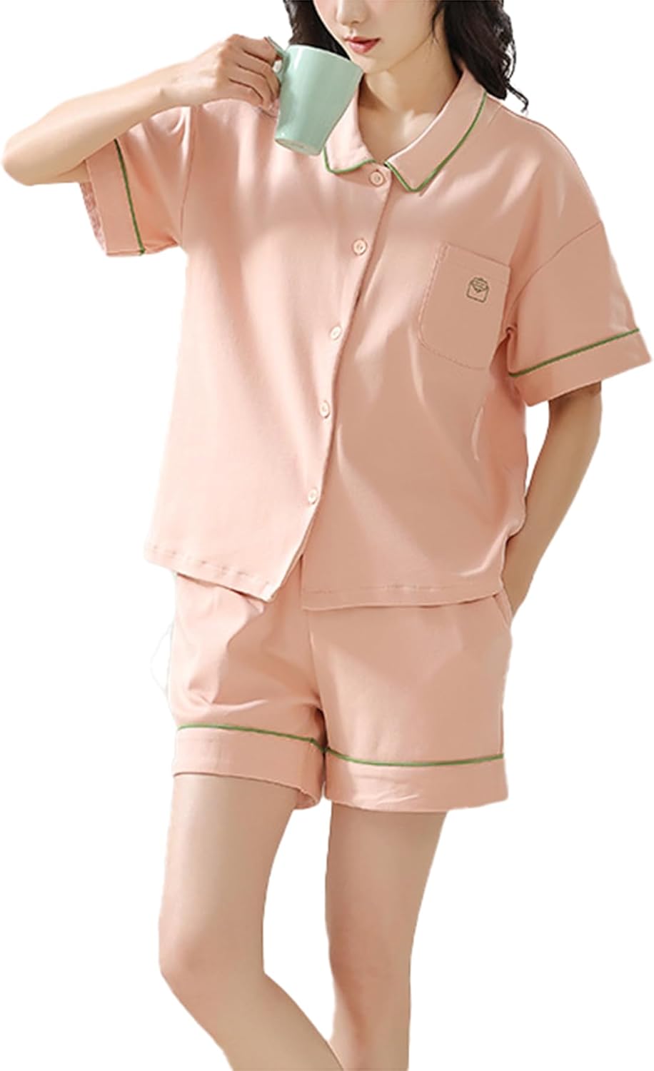 Women's 2-piece pajamas summer lapel short-sleeved shorts pajamas set cotton thin section can be worn outside the home clothing,12705,M, Medium