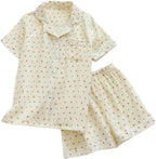 Womens Cute Pajama Set Short Sleeve Button Up Shirt and Shorts 2 Piece Cotton Pj Sets