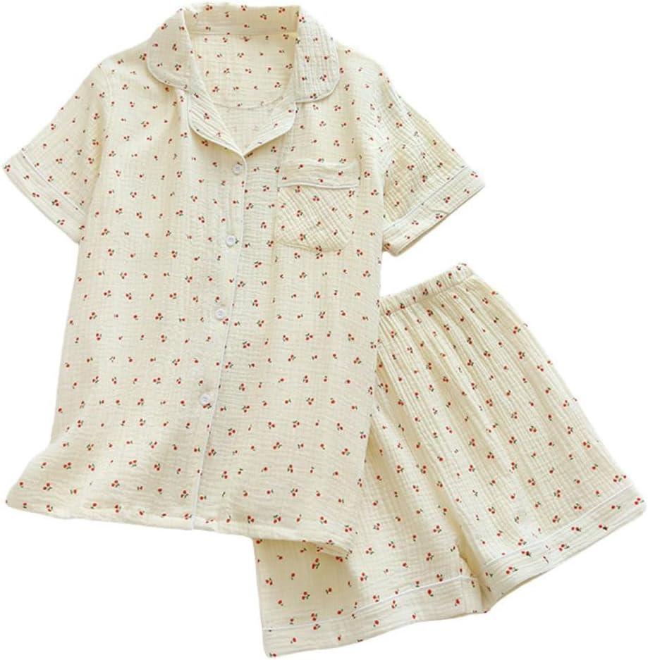Womens Cute Pajama Set Short Sleeve Button Up Shirt and Shorts 2 Piece Cotton Pj Sets