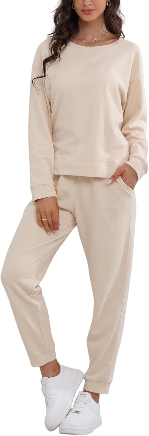 Womens Pajama Sets Cotton 2 Piece Jogger Pjs Long Sleeve Tops and Pants Round Neck Soft Lounge Sets with Pockets