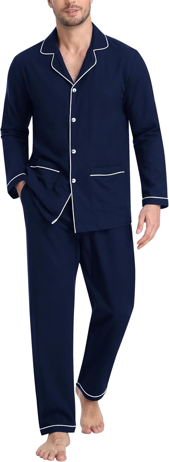 Mens Pajama Set Soft Cotton Button Down Notched Collar Pjs Long Sleeve 2 Piece Sleepwear Lounge Nightwear with Pocket