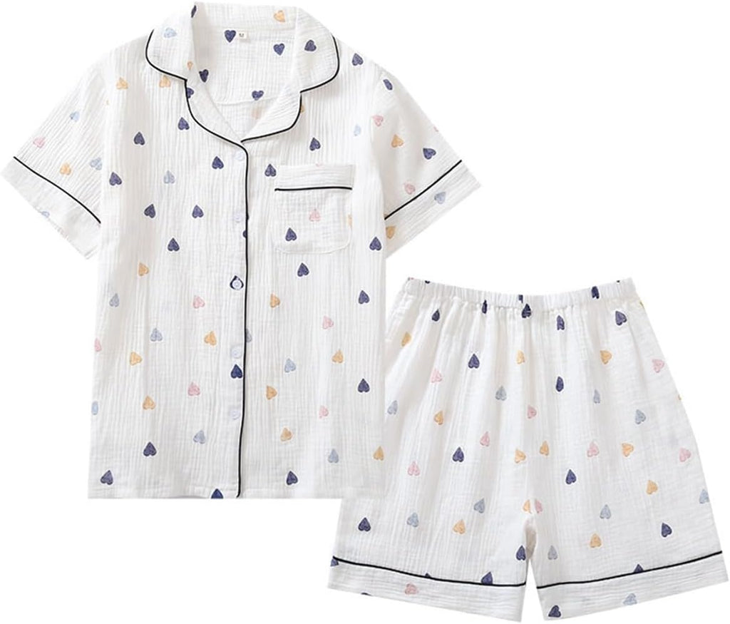 Womens Cute Pajama Set Short Sleeve Button Up Shirt and Shorts 2 Piece Cotton Pj Sets