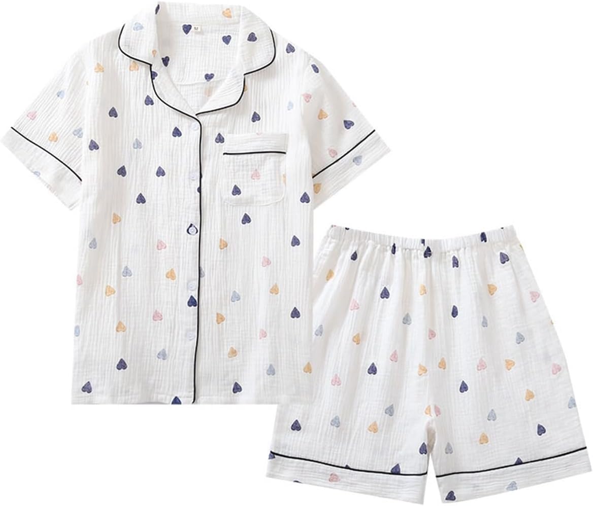 Womens Cute Pajama Set Short Sleeve Button Up Shirt and Shorts 2 Piece Cotton Pj Sets