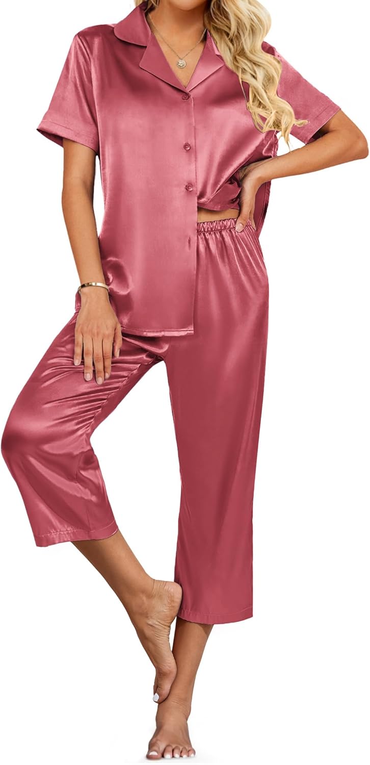 Women Satin Pajamas Silk  Pjs 2 Piece Lounge Sets Short Sleeve Button Down Sleepwear