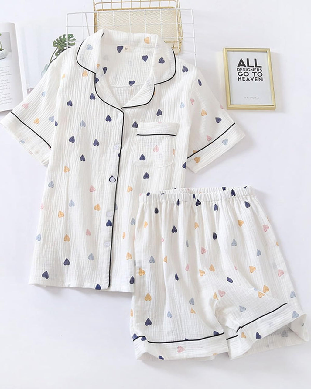 Womens Cute Pajama Set Short Sleeve Button Up Shirt and Shorts 2 Piece Cotton Pj Sets