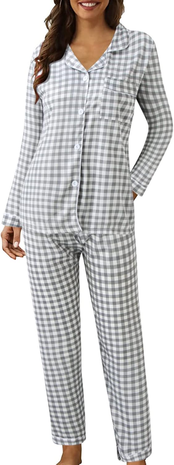 Womens Pajama Sets Long Sleeve Sleepwear Button Down Loungewear Soft 2 Piece Pj Set with Pockets Fall Lounge Set
