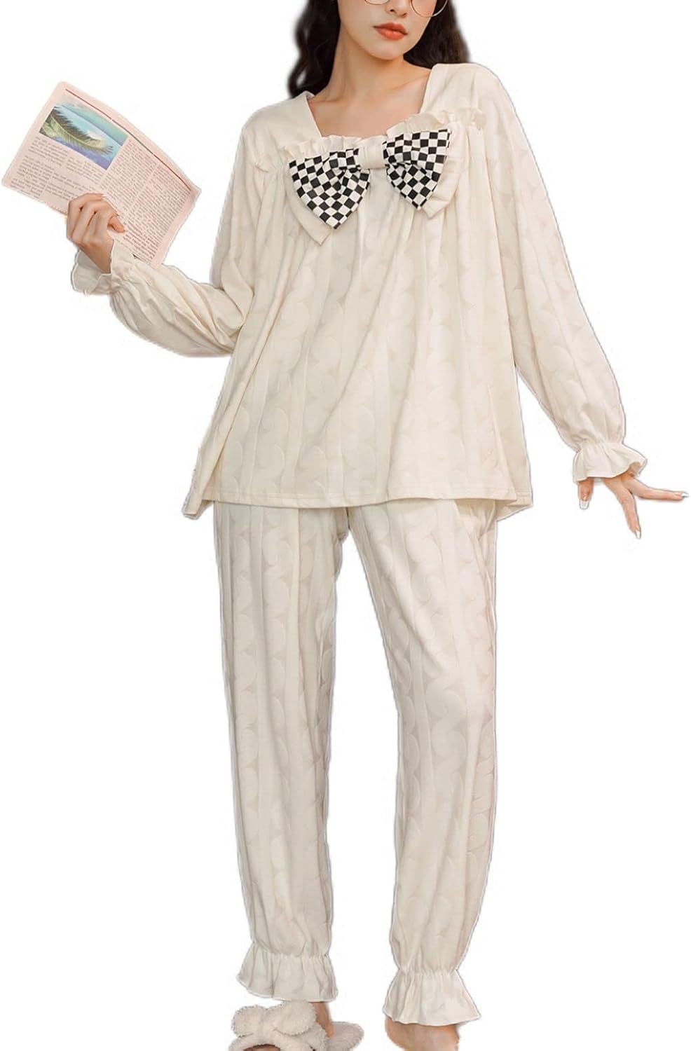 Women's Cotton Pajama Set 2 Piece Vintage Lounge Set Long Sleeve Top Pants Pjs Lace Frill Victorian Sleepwear