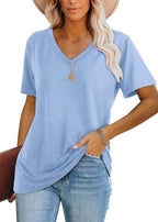 Womens Tops Casual V Neck Short Sleeve Solid Color Basic T Shirt