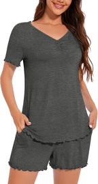 Womens Summer Comfy V-neck Sleepwear Pjs Casual Two Piece Pajama Set With Pockets