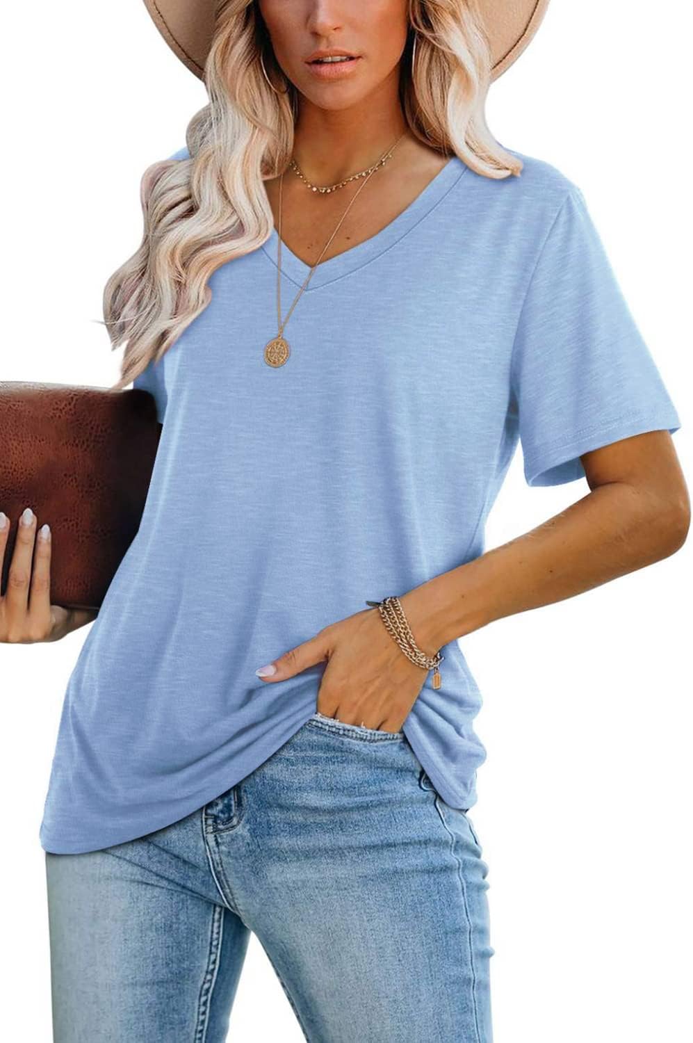Womens Tops Casual V Neck Short Sleeve Solid Color Basic T Shirt