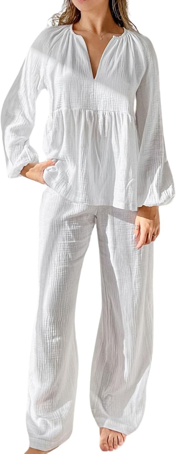 Women's Cotton Gauze Pajama Sets Casual Lounge Pj Set Long Sleeve V Neck Shirt and Wide Leg Pants Sleepwear