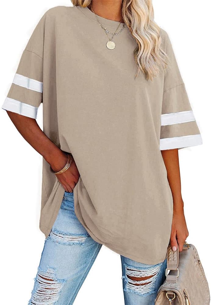 Womens Oversized Tees Loose T Shirts Half Sleeve Crew Neck Color Block Cotton Tunic Tops