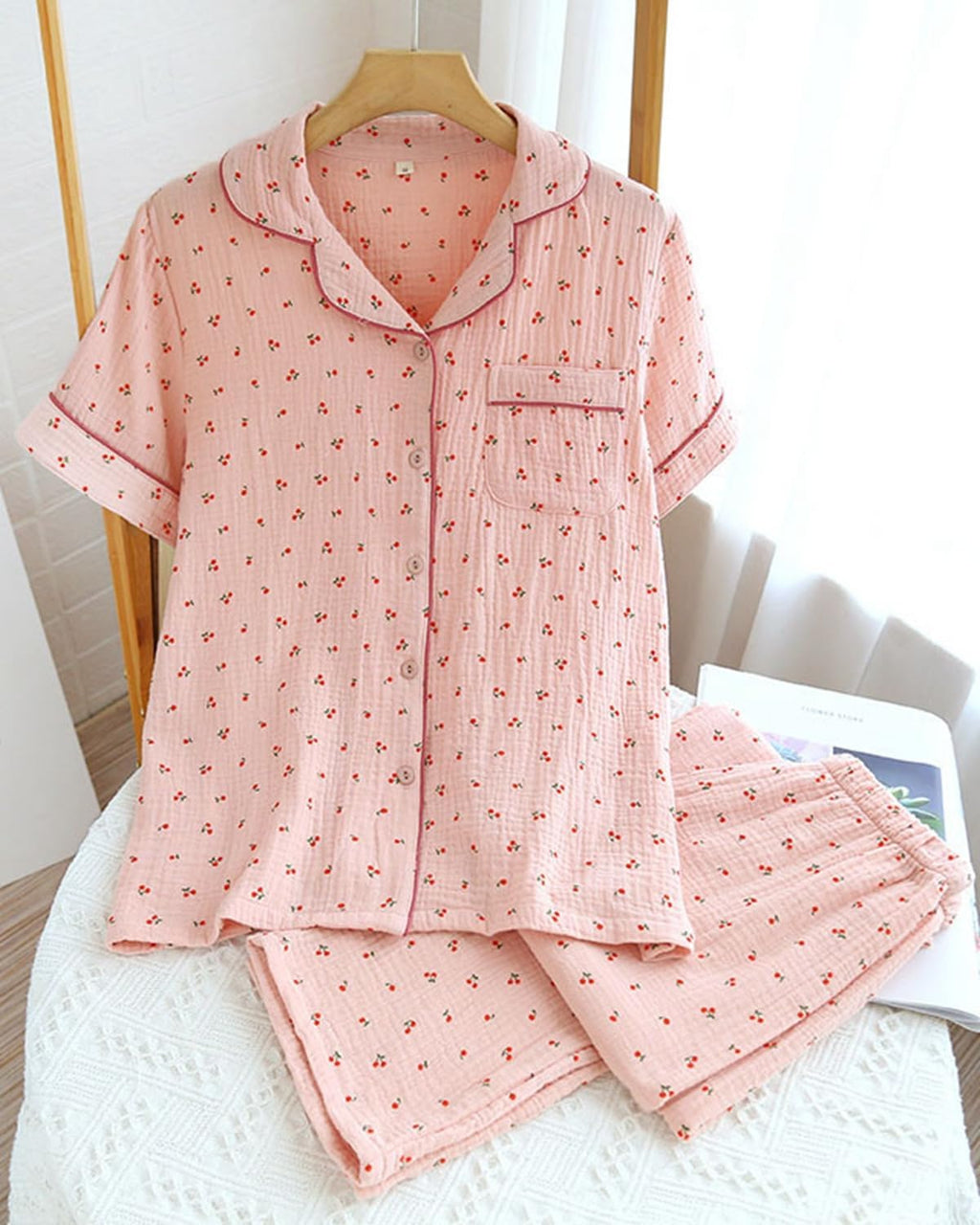 Womens Cute Pajama Set Short Sleeve Button Up Shirt and Shorts 2 Piece Cotton Pj Sets