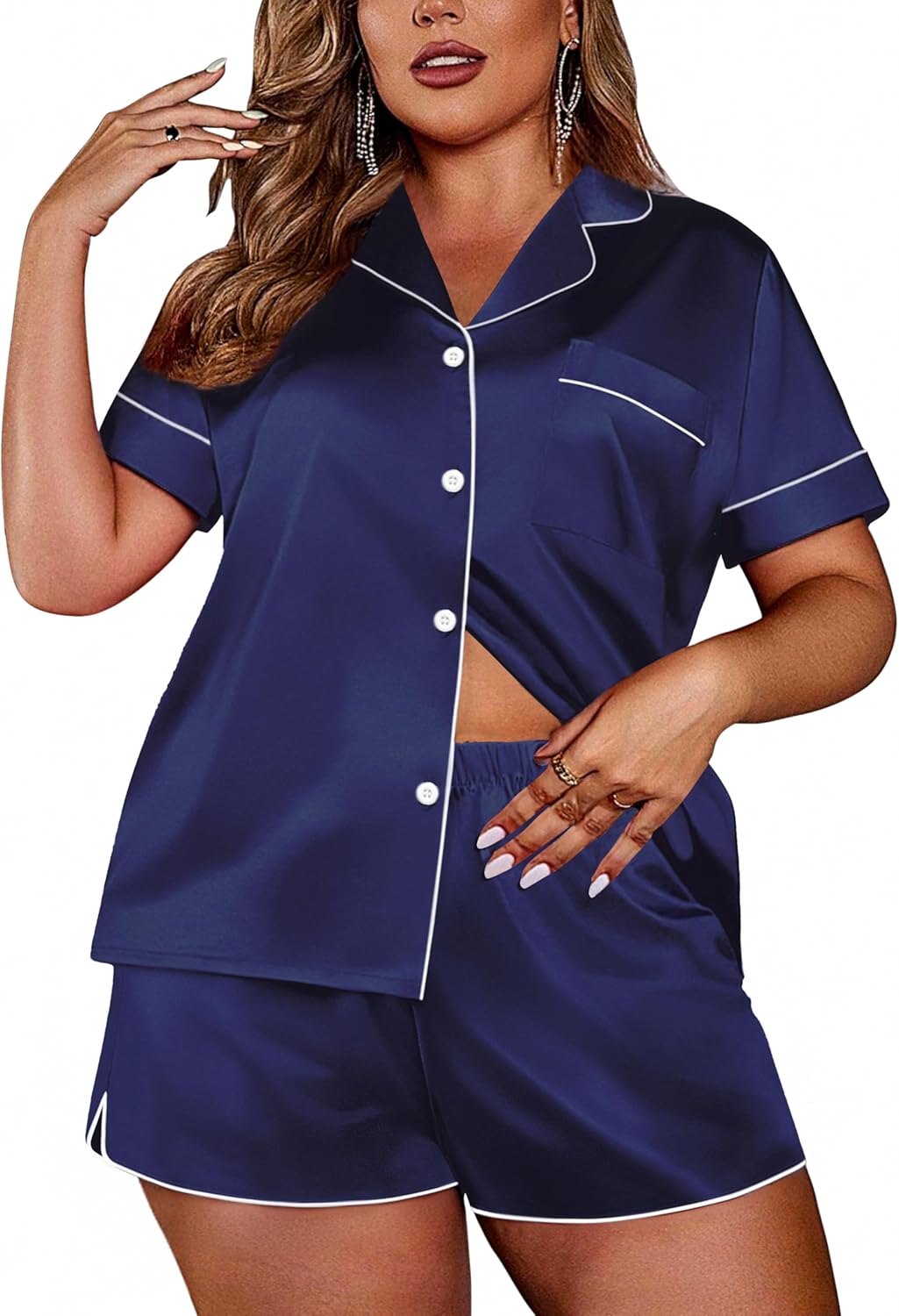 Women Silk Satin Pajamas Set Short Sleeve Sleepwear Button Down Loungewear 2 Piece Pjs Shorts Set S-5X Plus Size
