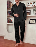Men's Silk Pajama Set Long Satin Loungewear 2 Piece Pjs Classic Button Down Sleepwear S-XXL