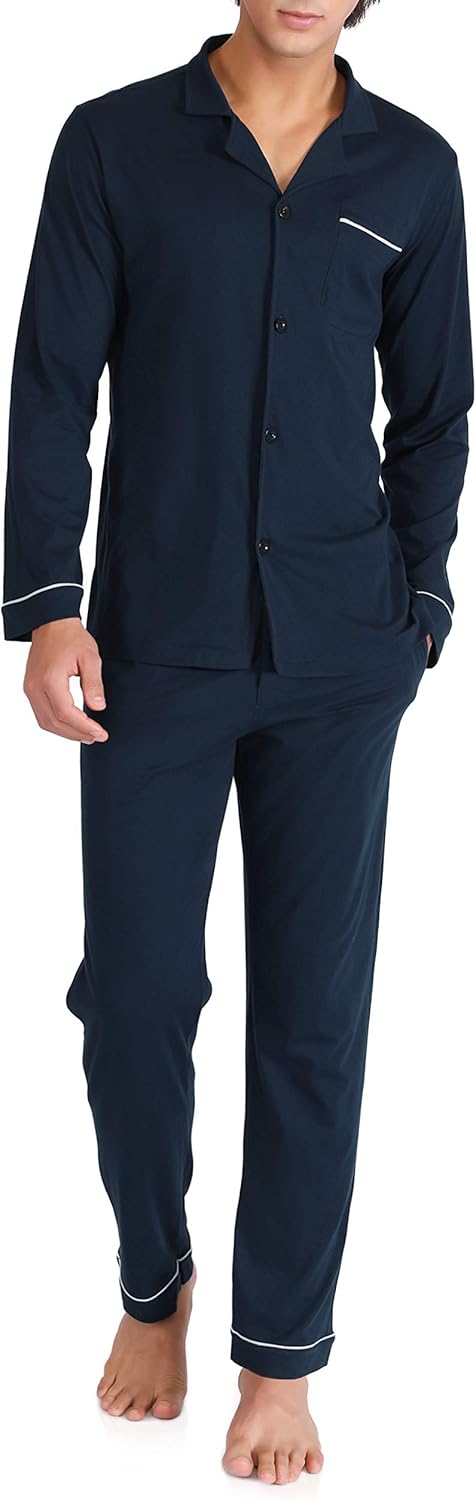 Mens Pajamas Set Soft Cotton Notched Collar Pajamas for Men Long Sleeve Mens Sleepwear with Pockets & Front Fly