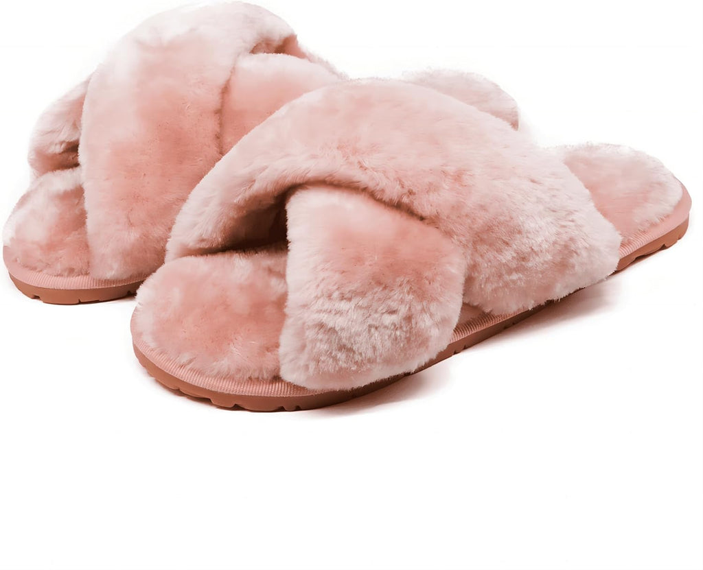 Women's Fuzzy Fluffy House Slippers Cute Plush Memory Foam Shoes Cross Band Indoor Outdoor Open Toe Sandals