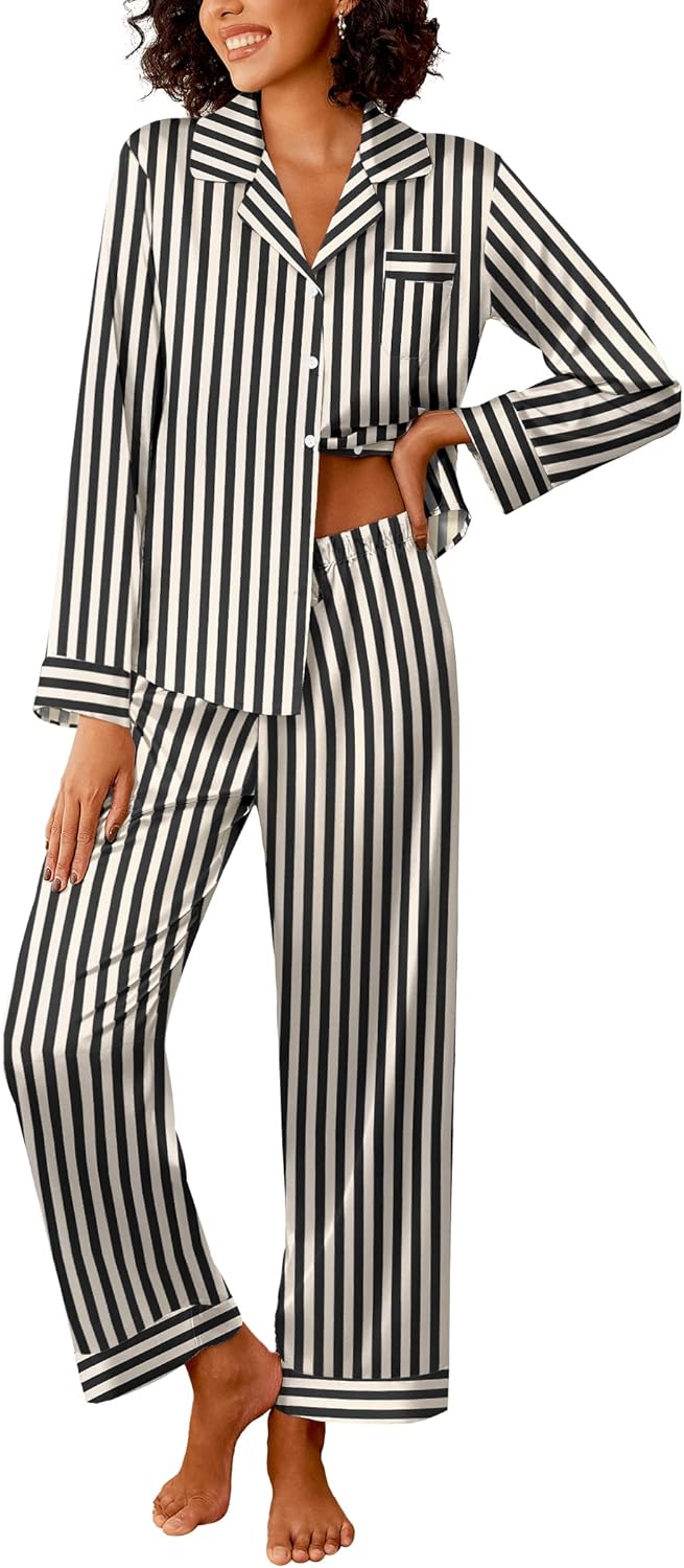 Women Silk Satin Pajama Sets 2 Piece Sleepwear Pjs Set Long Sleeve Button Down Top and Pants Stripe Loungewear S-XXL
