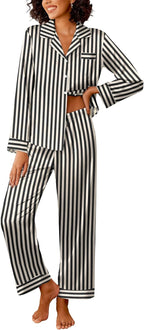 Women Silk Satin Pajama Sets 2 Piece Sleepwear Pjs Set Long Sleeve Button Down Top and Pants Stripe Loungewear S-XXL