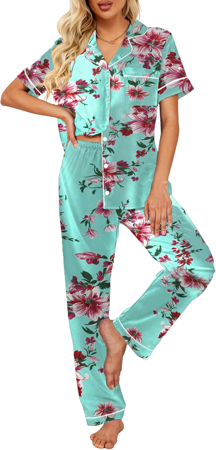 Silk Satin Pajamas Set Women Short Sleeve Sleepwear Soft Button Down Loungewear Pjs Set