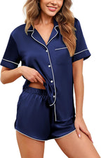 Women Silk Satin Pajamas Set Short Sleeve Sleepwear Button Down Loungewear 2 Piece Pjs Shorts Set S-5X Plus Size