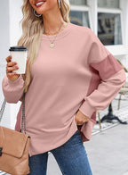 Women's Casual Oversized Sweatshirt Crew Neck Color Block Loose Pullover Tops Side Slit