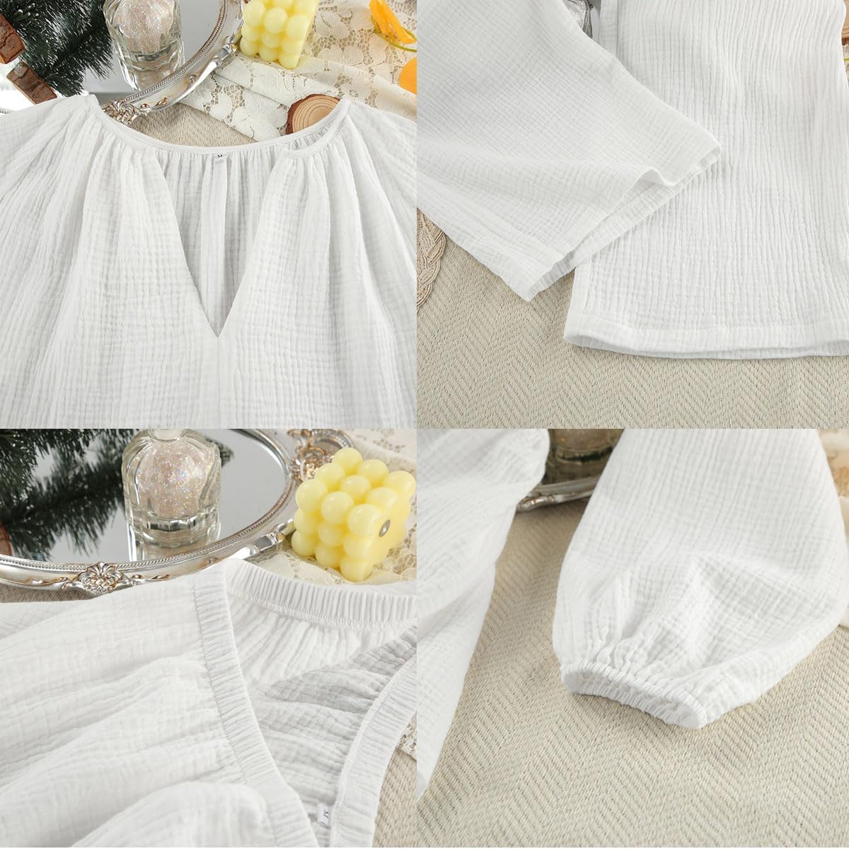 Women's Cotton Gauze Pajama Sets Casual Lounge Pj Set Long Sleeve V Neck Shirt and Wide Leg Pants Sleepwear