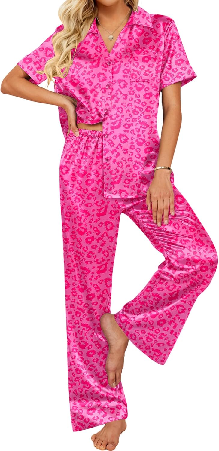 Silk Pajamas for Women Set 2 Piece Satin Pjs Soft Button Down Sleepwear Wide Leg Long Pants with Pockets